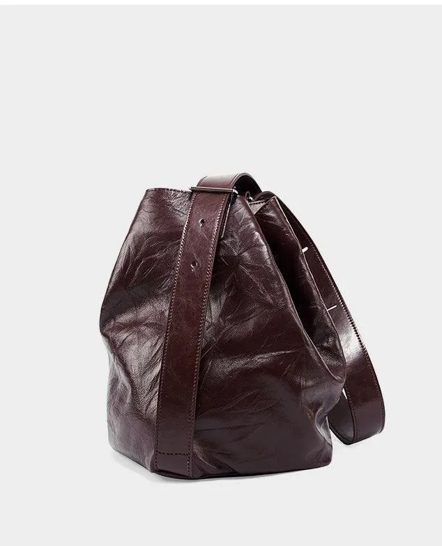 2024 Minimalist Genuine Leather Bucket Bag for Women, Handcrafted Cowhide Leather Shoulder & Crossbody Pleated Design