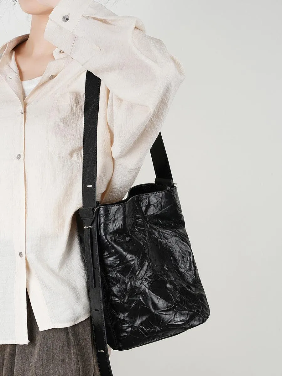 2024 Minimalist Genuine Leather Bucket Bag for Women, Handcrafted Cowhide Leather Shoulder & Crossbody Pleated Design