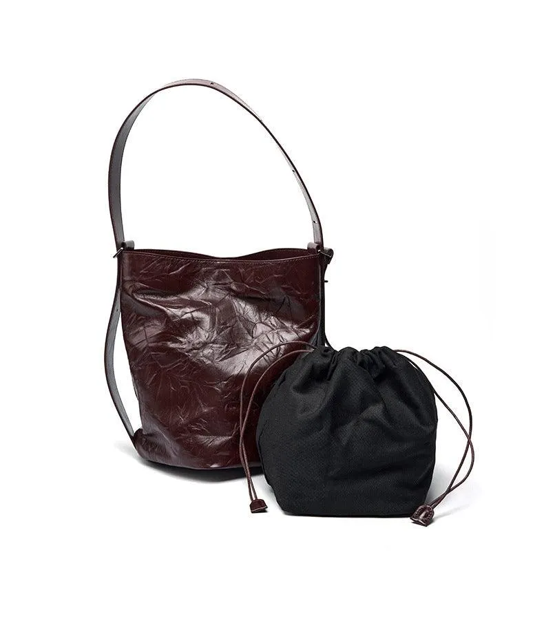 2024 Minimalist Genuine Leather Bucket Bag for Women, Handcrafted Cowhide Leather Shoulder & Crossbody Pleated Design