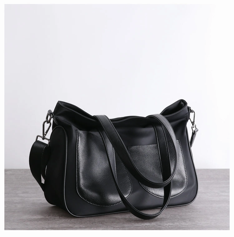 Black Womens Nylon Leather Shopper Totes Womens Nylon Shoulder Tote Black Nylon Handbag Purse for Ladies