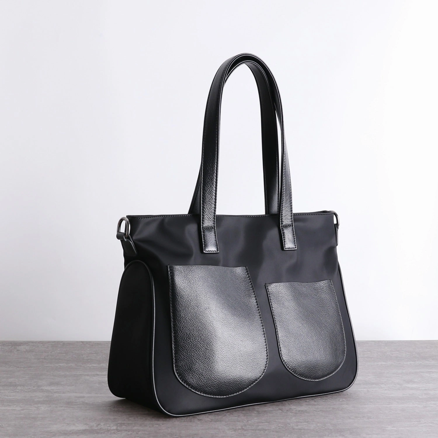Black Womens Nylon Leather Shopper Totes Womens Nylon Shoulder Tote Black Nylon Handbag Purse for Ladies