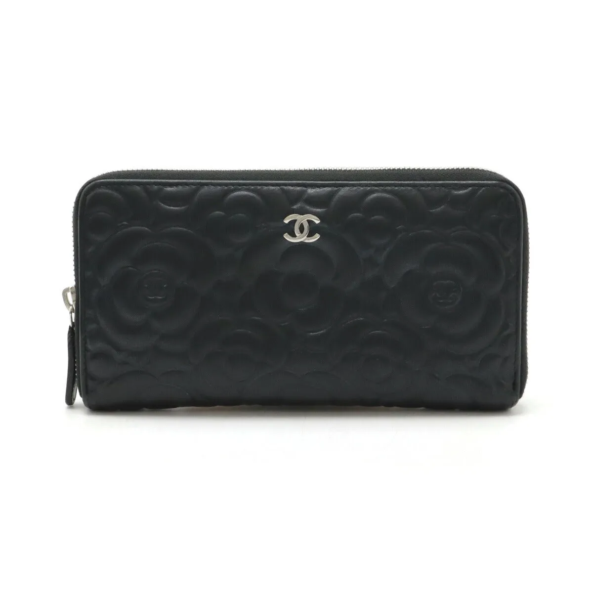 Chanel Camellia Embossed Zip Wallet Black