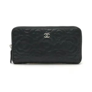 Chanel Camellia Embossed Zip Wallet Black