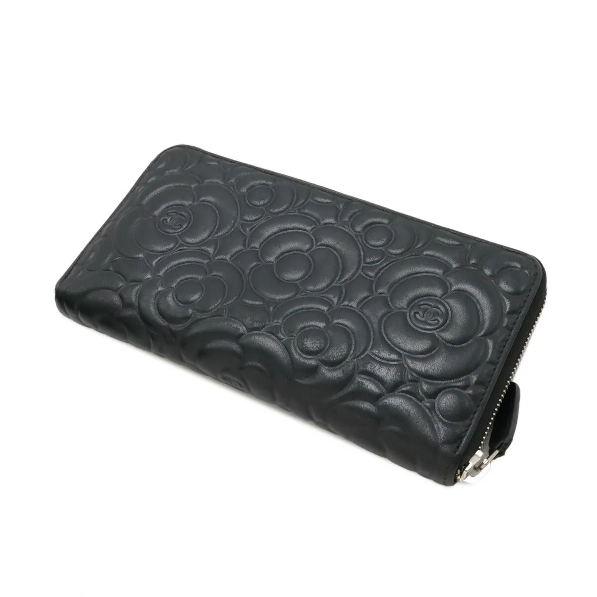 Chanel Camellia Embossed Zip Wallet Black
