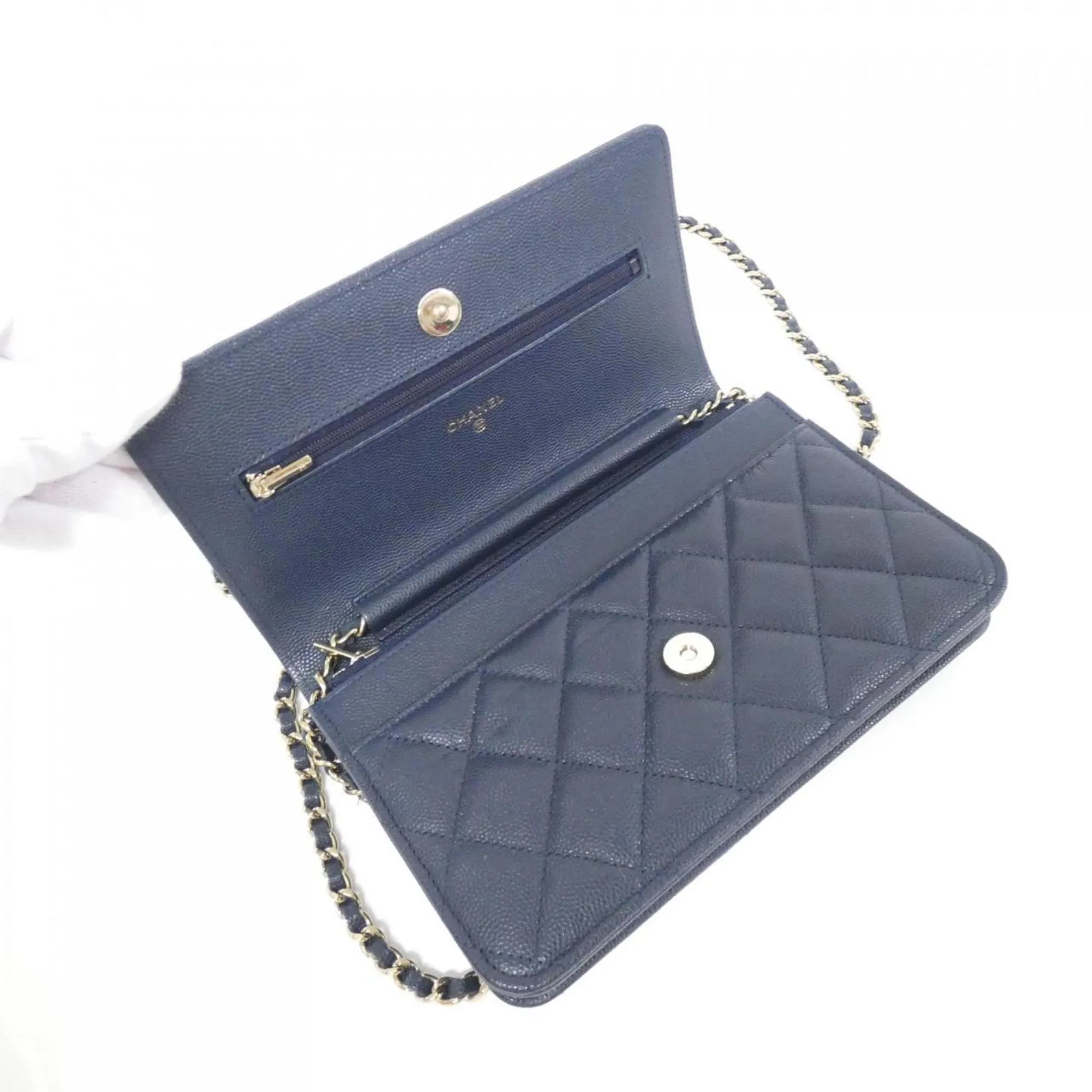 Chanel gold Navy Caviar Leather Chain/Shoulder Wallet (Pre-Owned)