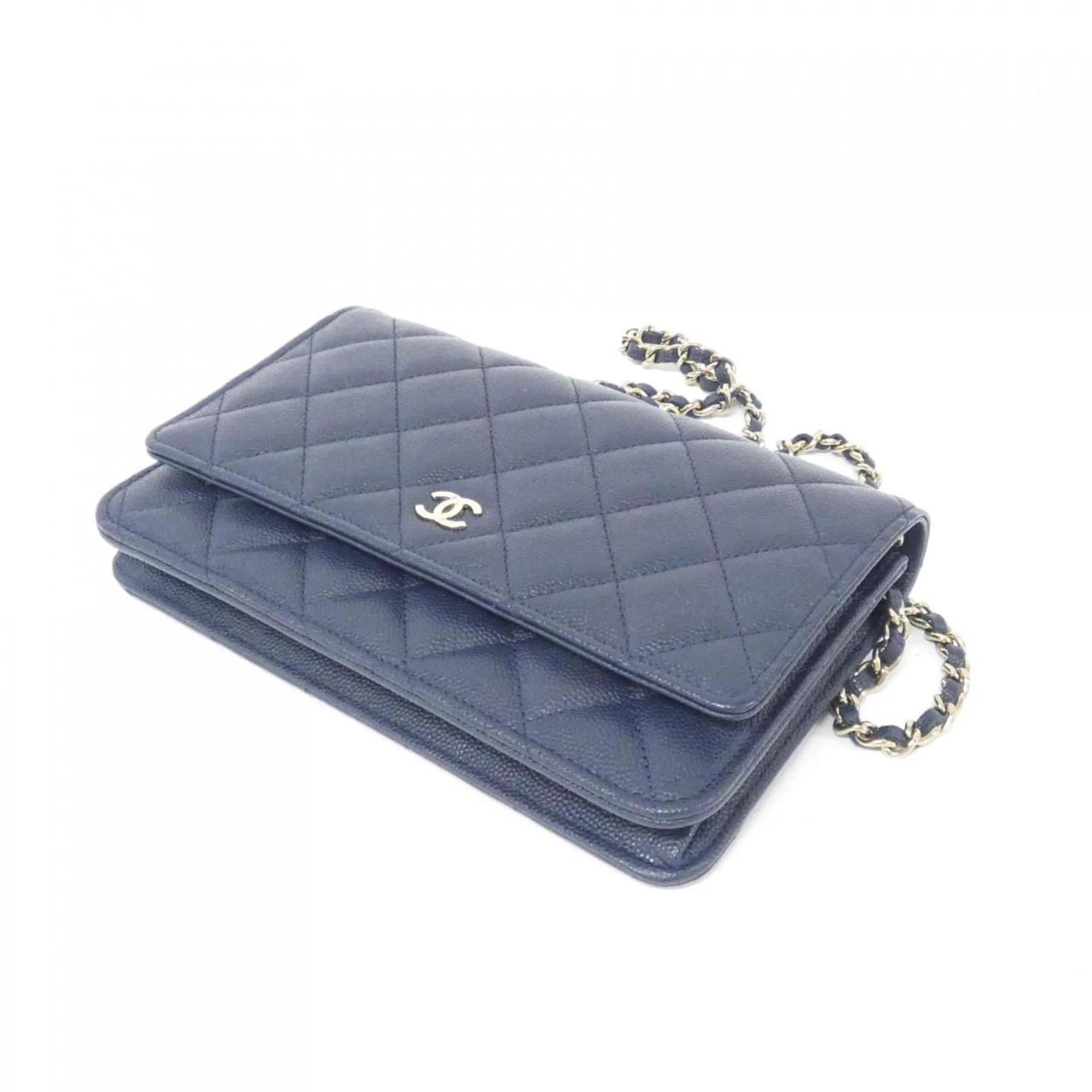 Chanel gold Navy Caviar Leather Chain/Shoulder Wallet (Pre-Owned)