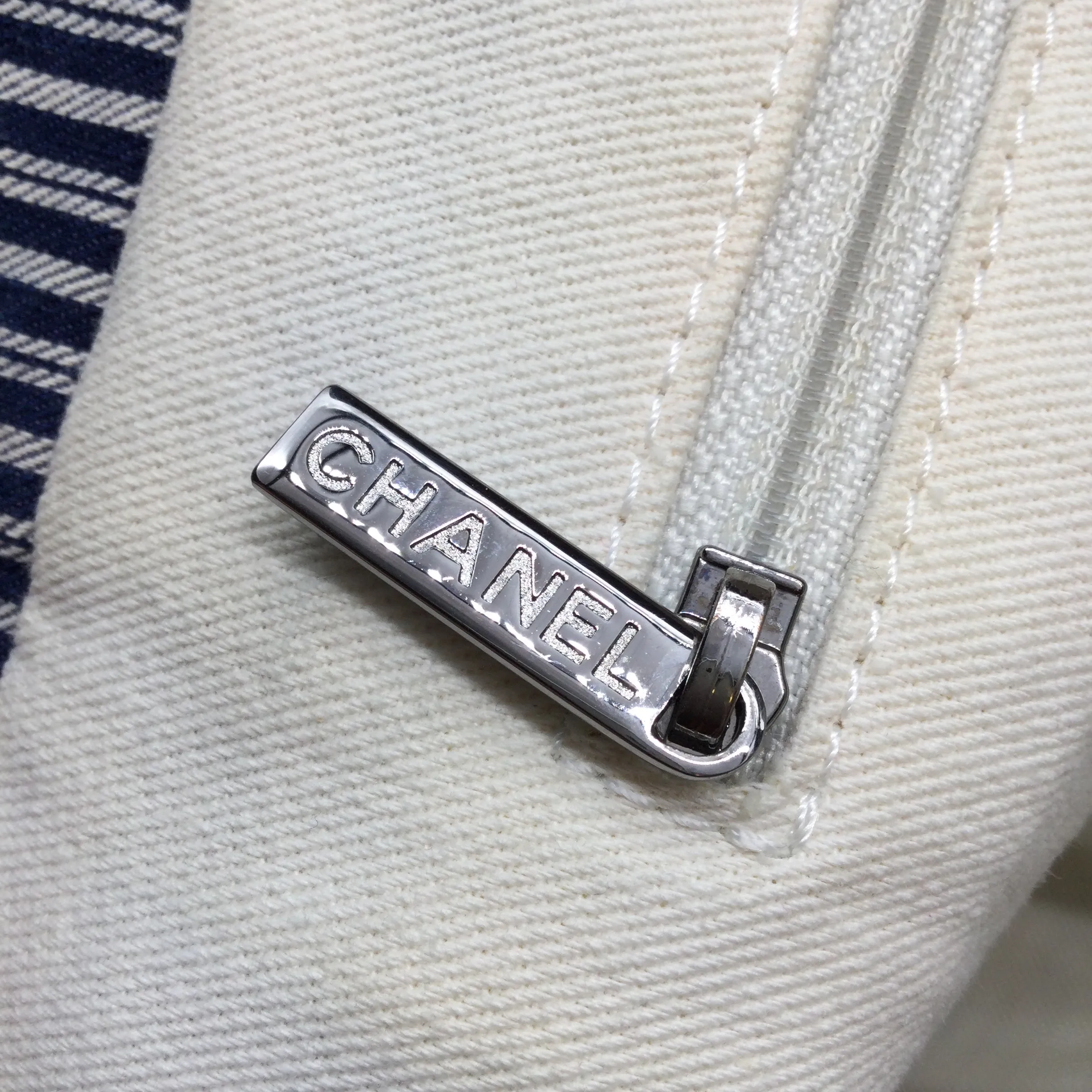 Chanel Striped Chambray Blue & Beige Canvas Tote