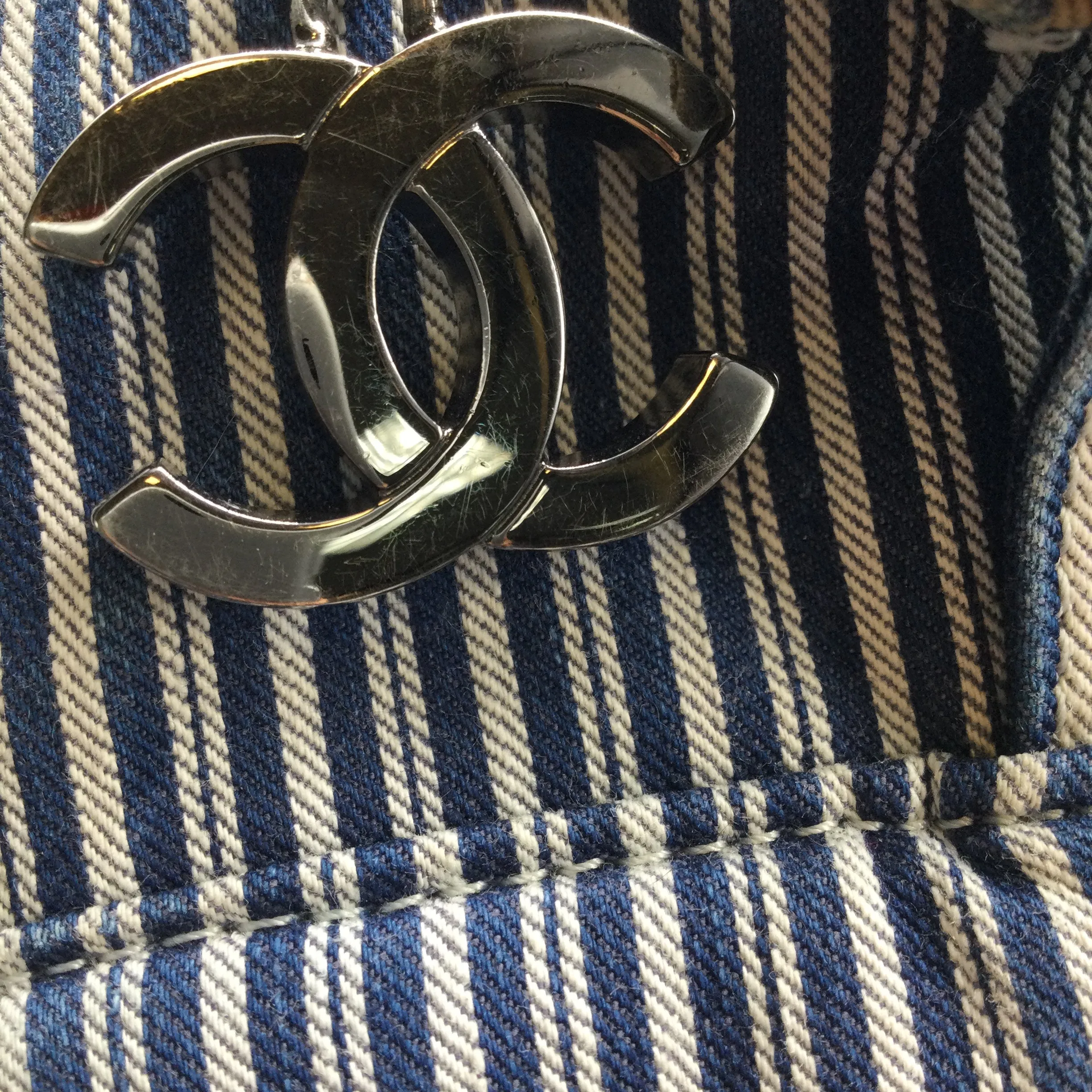 Chanel Striped Chambray Blue & Beige Canvas Tote