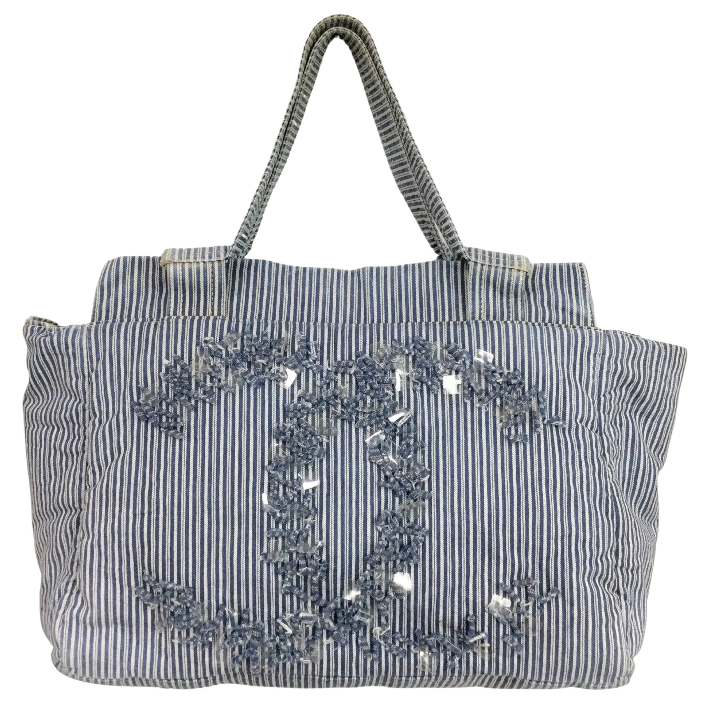 Chanel Striped Chambray Blue & Beige Canvas Tote