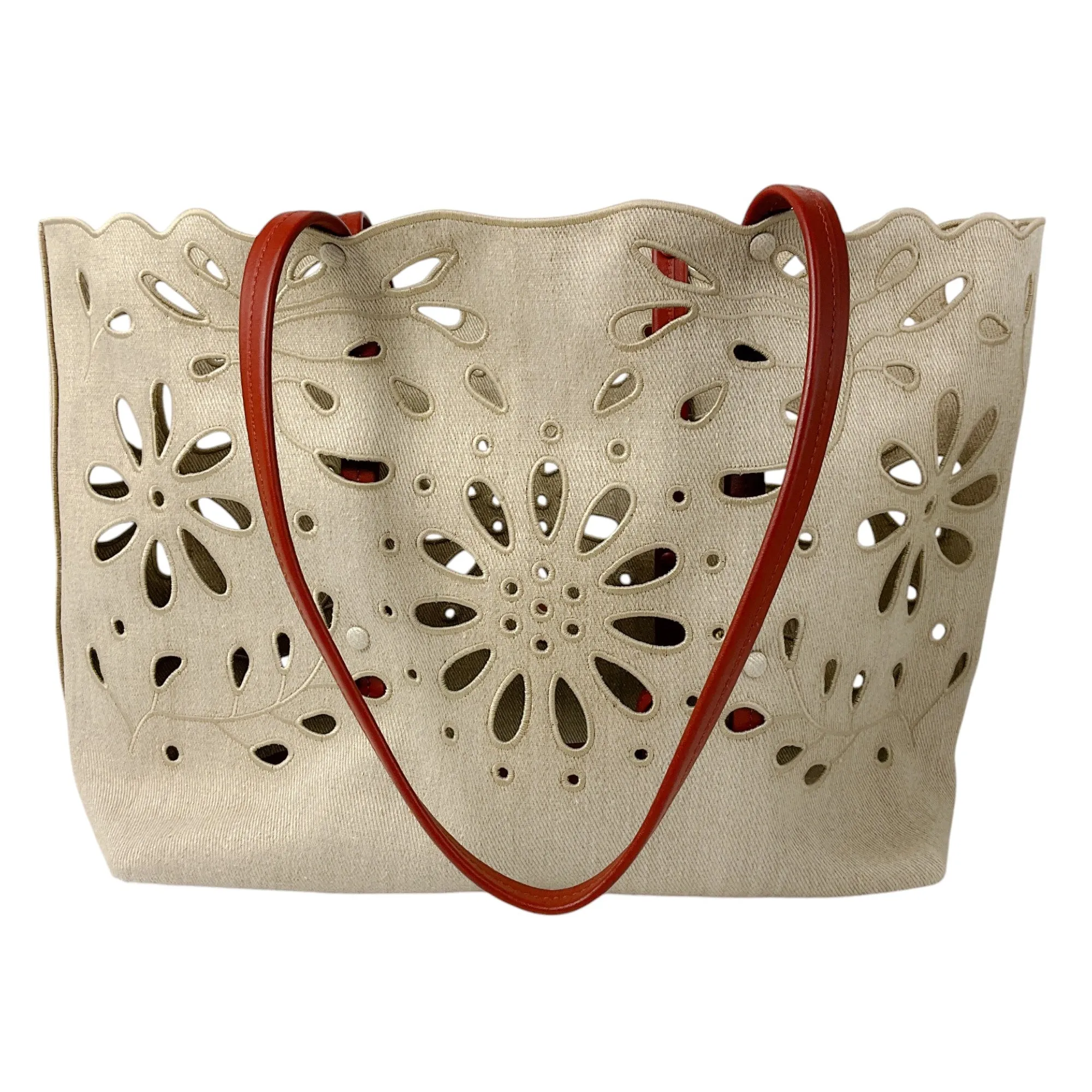 Chloe Beige Eyelet Linen & Calf Leather Tote