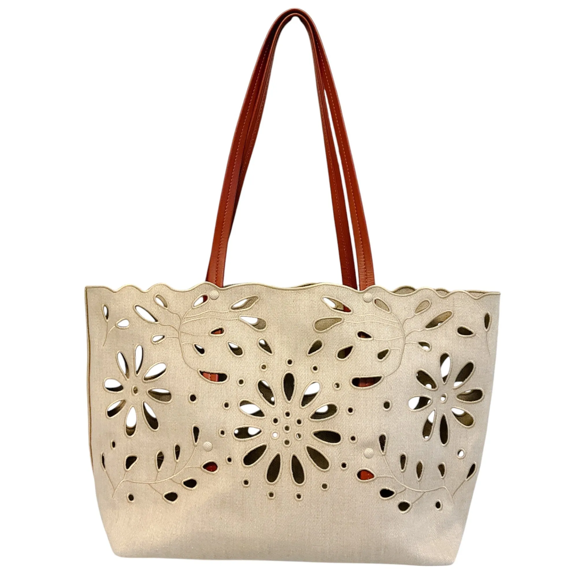 Chloe Beige Eyelet Linen & Calf Leather Tote
