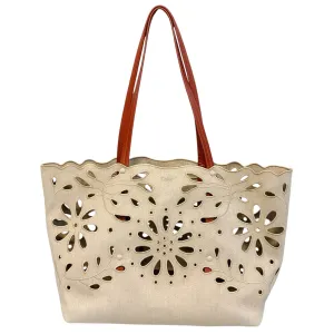 Chloe Beige Eyelet Linen & Calf Leather Tote