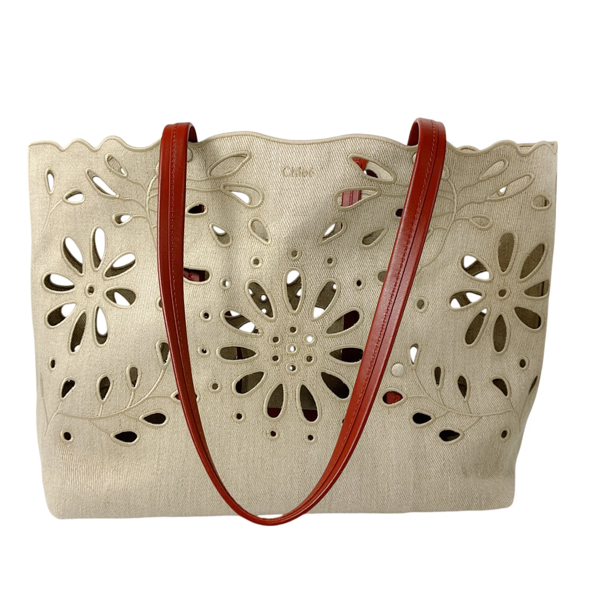 Chloe Beige Eyelet Linen & Calf Leather Tote