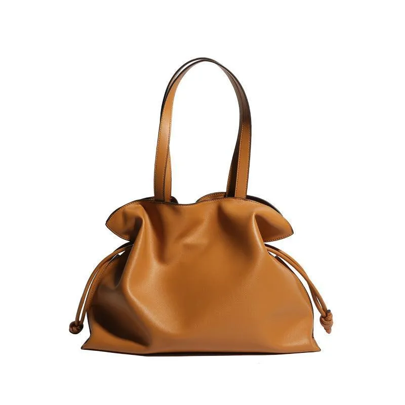 Elegant Oversized Cowhide Leather Tote Bag for Women with Drawstring Closure
