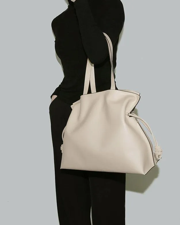 Elegant Oversized Cowhide Leather Tote Bag for Women with Drawstring Closure