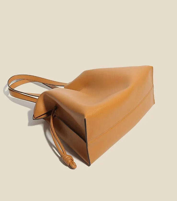 Elegant Oversized Cowhide Leather Tote Bag for Women with Drawstring Closure