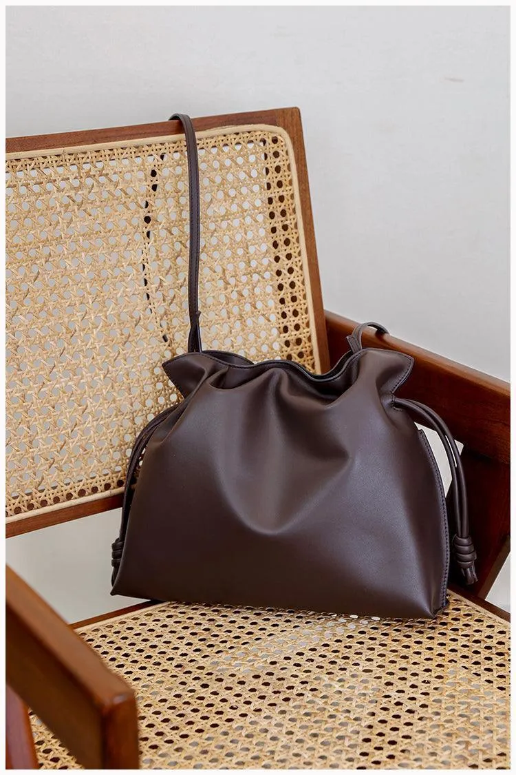 Elegant Oversized Cowhide Leather Tote Bag for Women with Drawstring Closure
