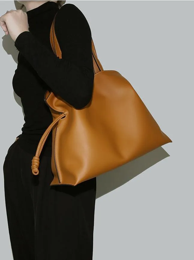 Elegant Oversized Cowhide Leather Tote Bag for Women with Drawstring Closure