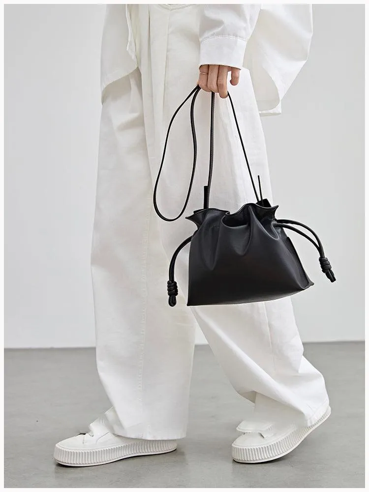 Elegant Oversized Cowhide Leather Tote Bag for Women with Drawstring Closure