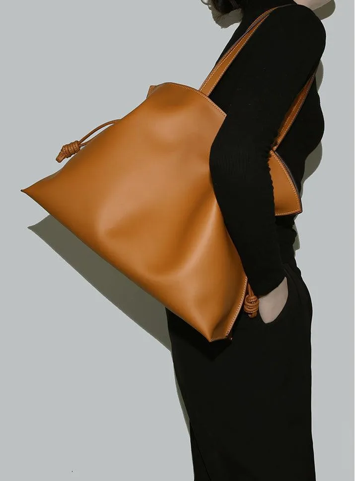 Elegant Oversized Cowhide Leather Tote Bag for Women with Drawstring Closure