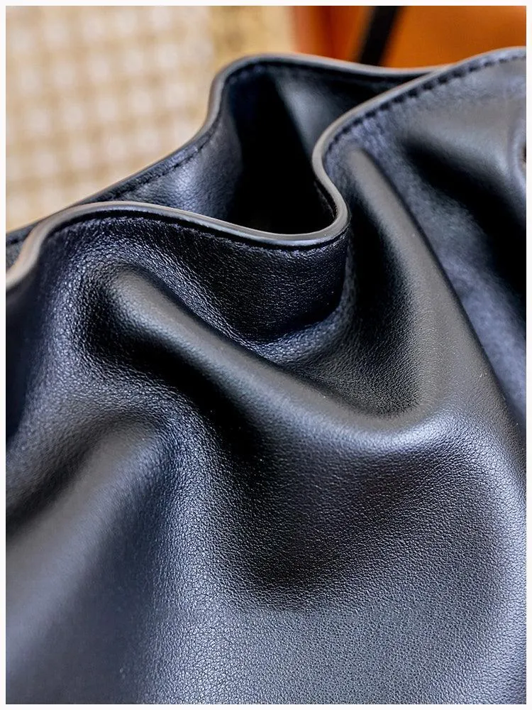 Elegant Oversized Cowhide Leather Tote Bag for Women with Drawstring Closure