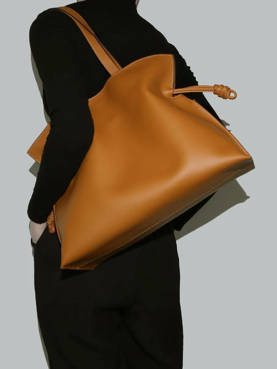 Elegant Oversized Cowhide Leather Tote Bag for Women with Drawstring Closure