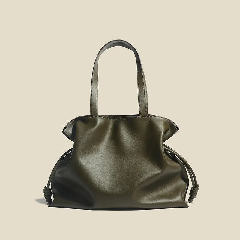 Elegant Oversized Cowhide Leather Tote Bag for Women with Drawstring Closure