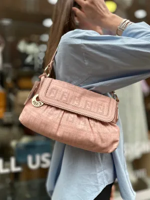 Fendi Pink Leather  Zucca Small Shoulder Handbag
