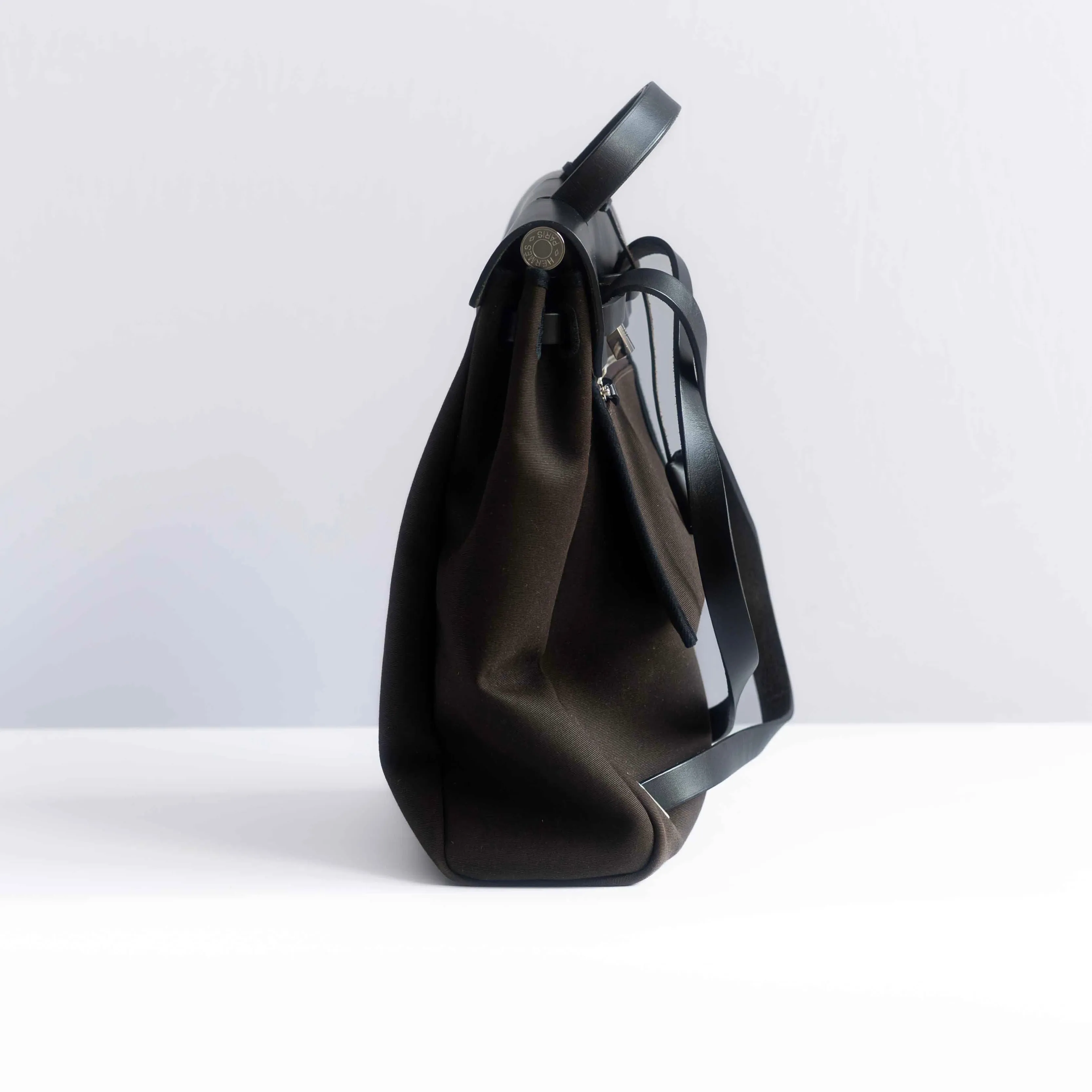 HERM??S - BACKPACK HERBAG BROWN CANVAS AND BLACK LEATHER SILVER HARDWARE