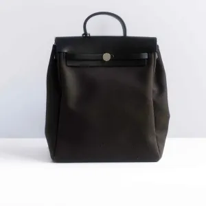 HERM??S - BACKPACK HERBAG BROWN CANVAS AND BLACK LEATHER SILVER HARDWARE