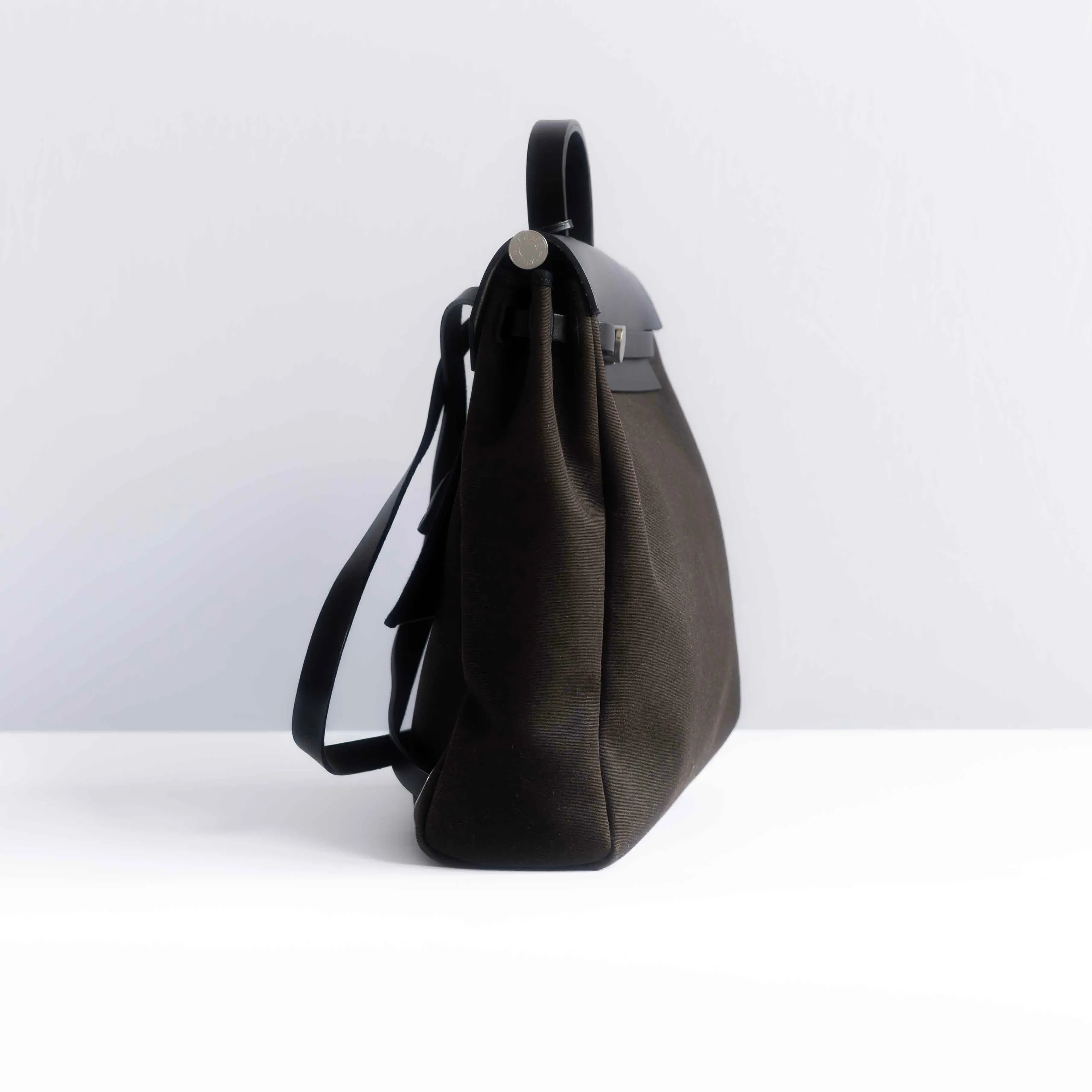 HERM??S - BACKPACK HERBAG BROWN CANVAS AND BLACK LEATHER SILVER HARDWARE