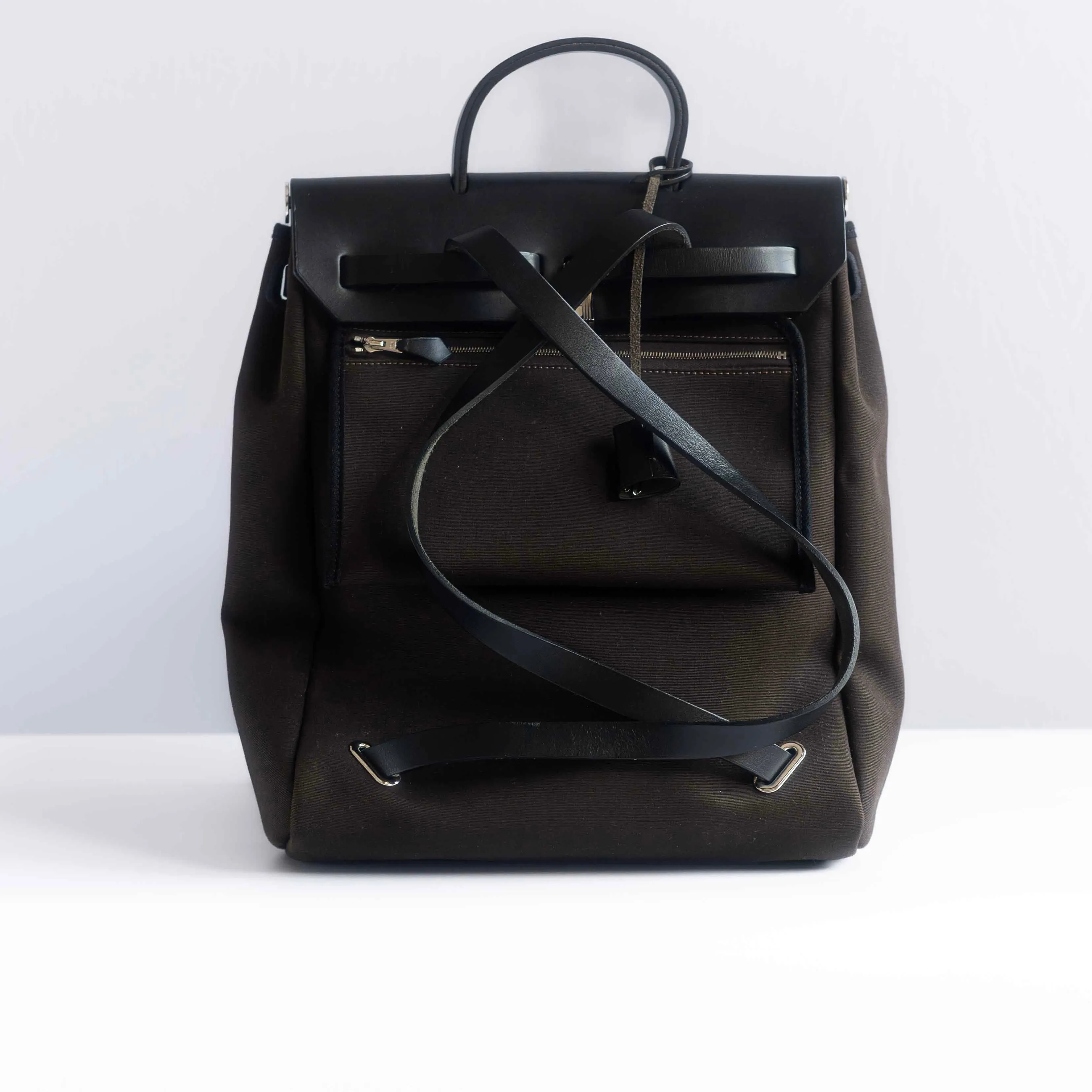 HERM??S - BACKPACK HERBAG BROWN CANVAS AND BLACK LEATHER SILVER HARDWARE