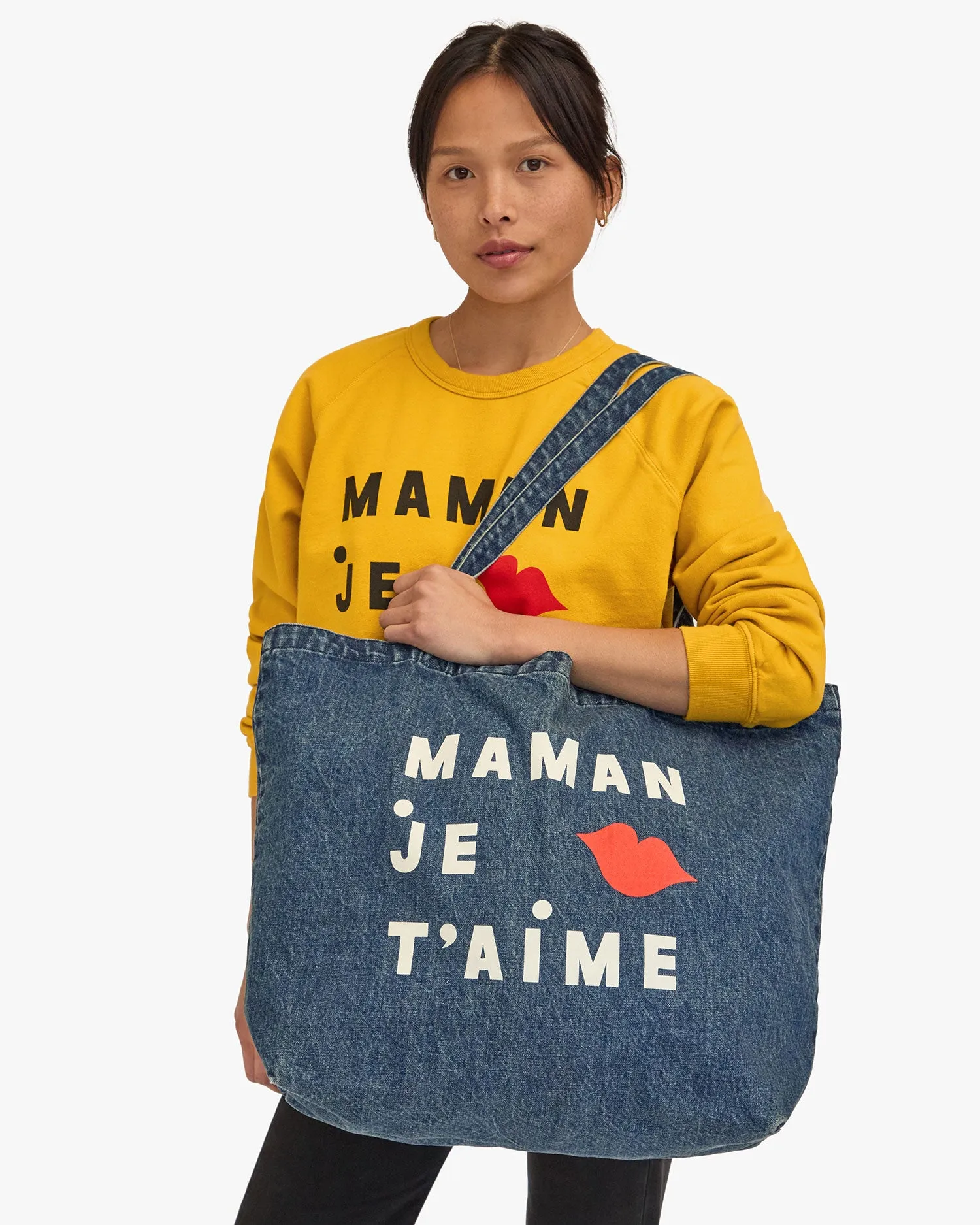 Jumbo Tote Indigo Denim W/ Cream & Bright Poppy Maman Je T'aime