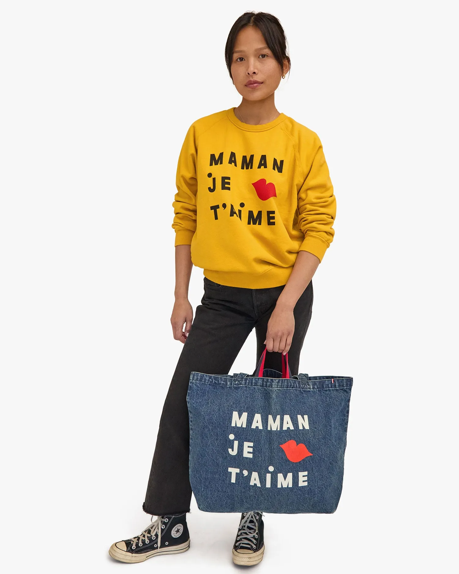 Jumbo Tote Indigo Denim W/ Cream & Bright Poppy Maman Je T'aime