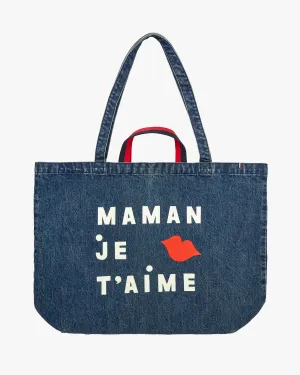 Jumbo Tote Indigo Denim W/ Cream & Bright Poppy Maman Je T'aime