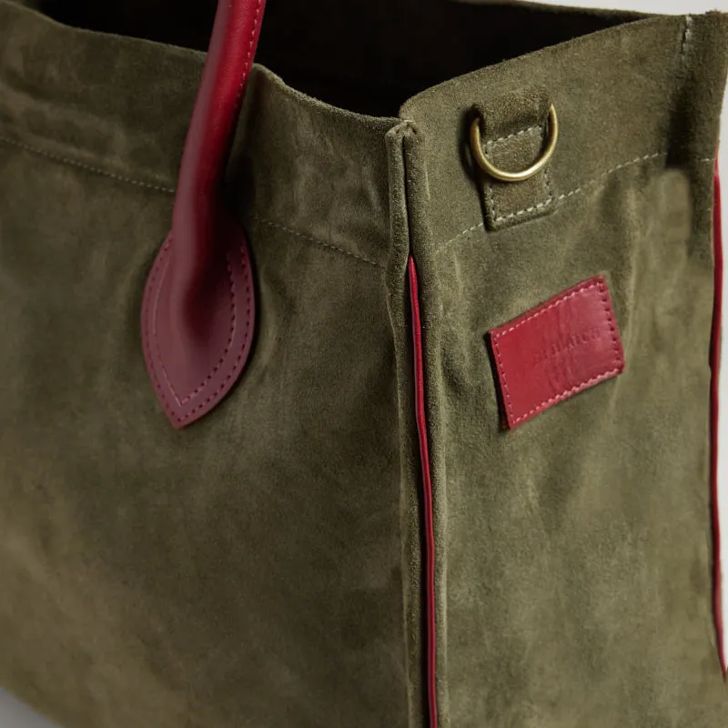 Parker - Suede Olive with Crimson Leather Saddle Handle and Piping