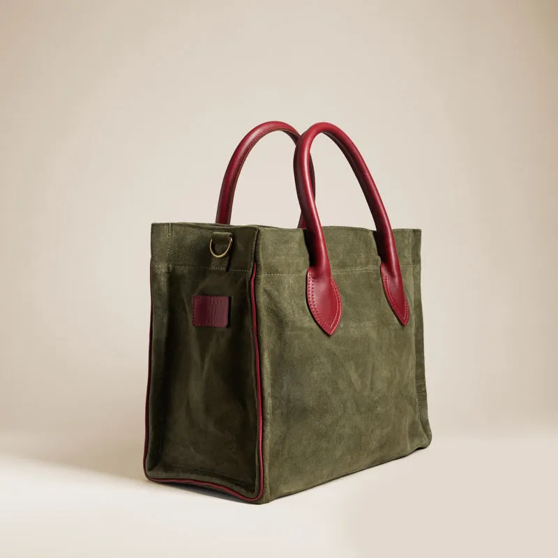 Parker - Suede Olive with Crimson Leather Saddle Handle and Piping