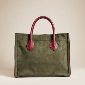 Parker - Suede Olive with Crimson Leather Saddle Handle and Piping