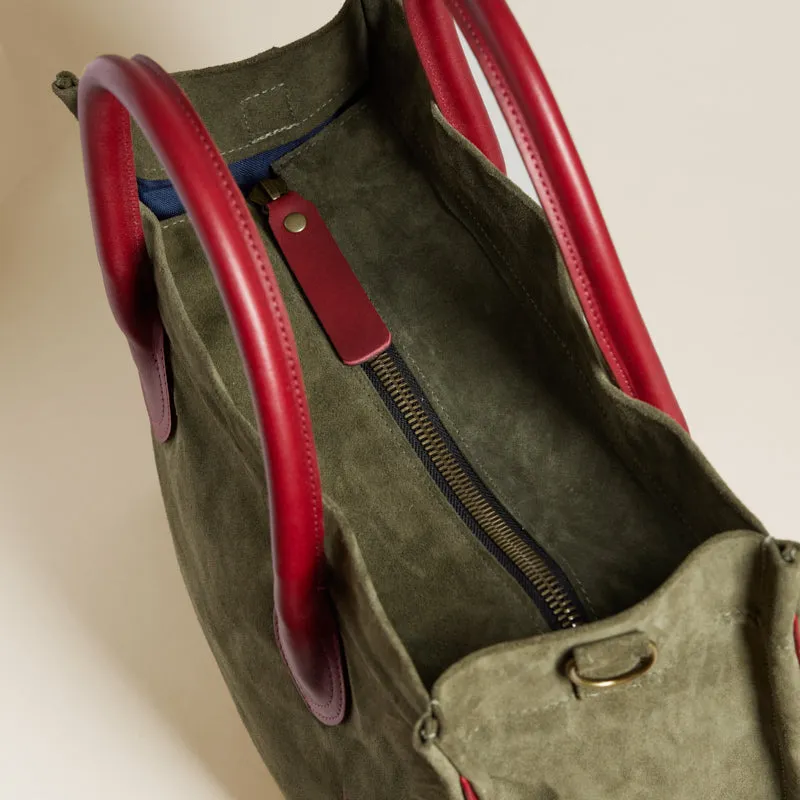 Parker - Suede Olive with Crimson Leather Saddle Handle and Piping