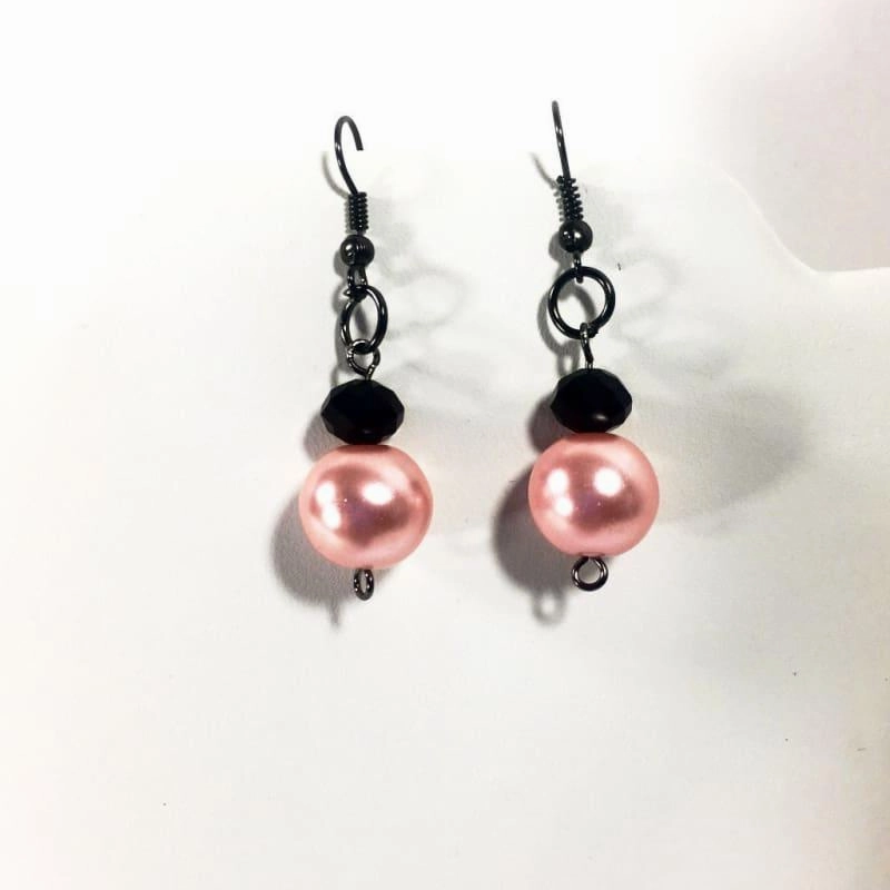 Pink Glass Pearls With Gunmetal French Hoops Women's Dangle Earrings