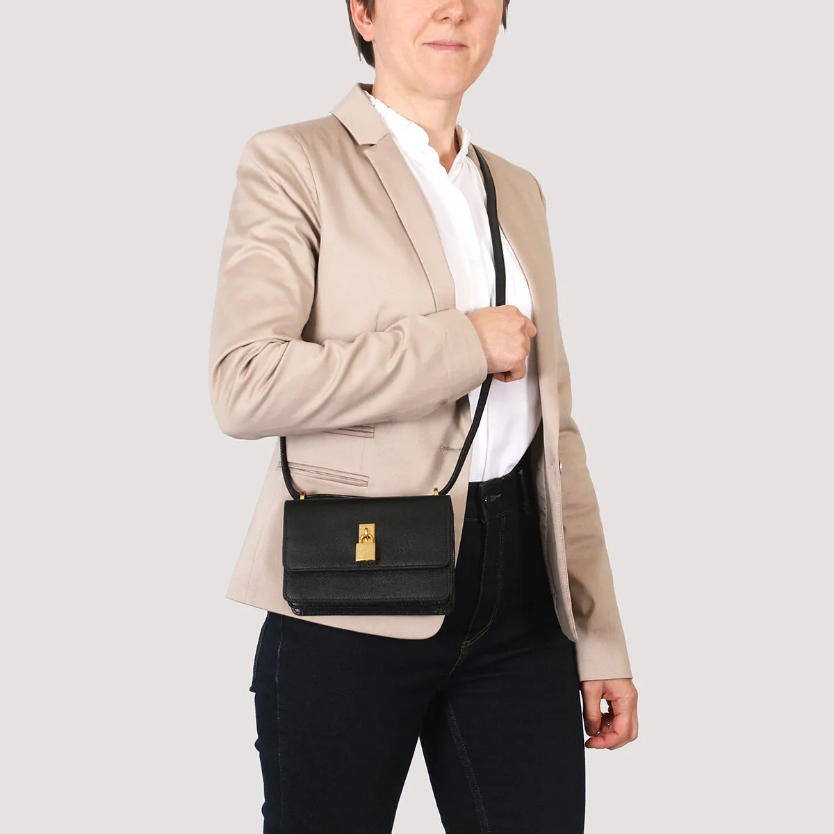 T.E.D B.A.K.E.R SSLOANE Black Leather Padlock Mini Shoulder Bag