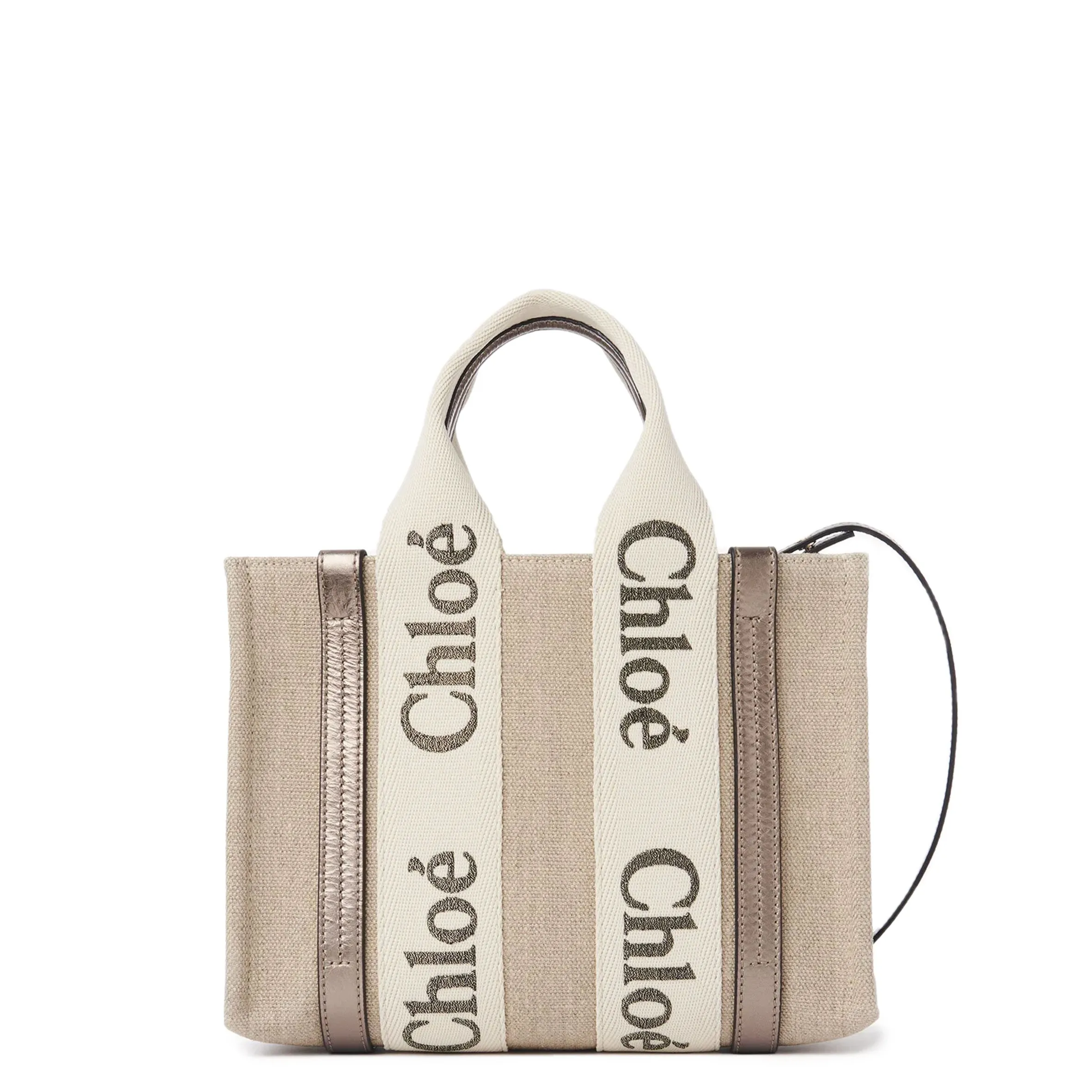 Woody Tote Small Strap Linen, Metallic Grey