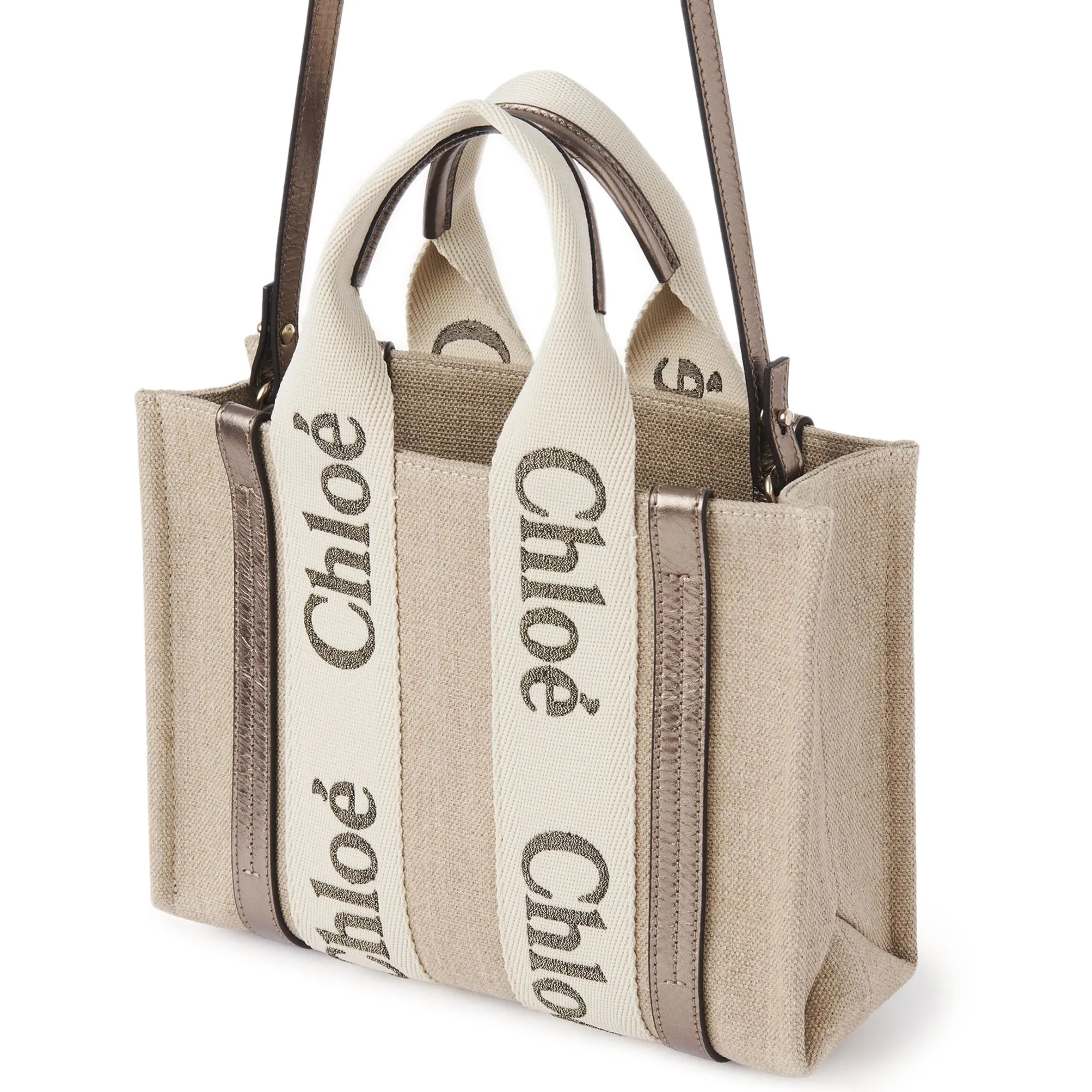 Woody Tote Small Strap Linen, Metallic Grey